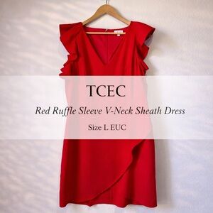 TCEC Red Ruffle Sleeve V-Neck Sheath Dress Size L